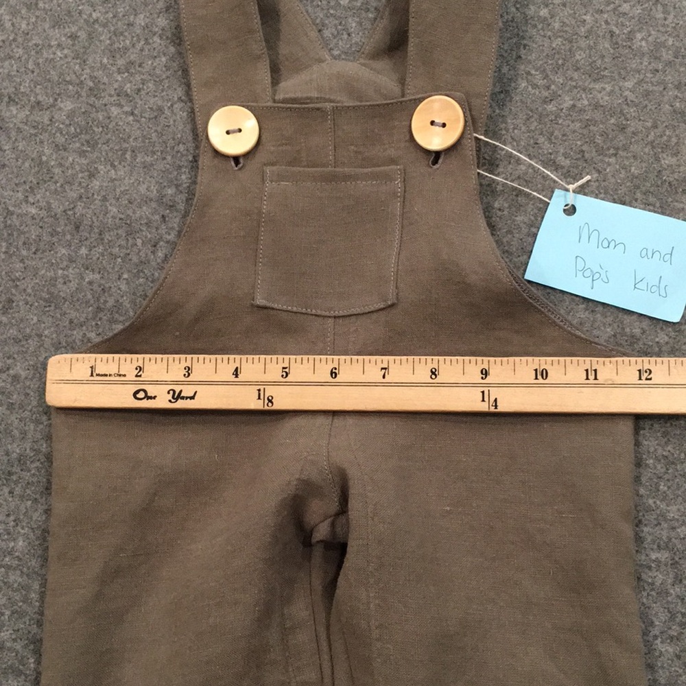 Overalls 100% Linen Baby 6M Green Designer Minimalist Unisex Mom and Pop’s Kids - Picture 7 of 9